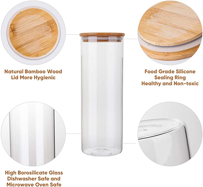 KLP Borosilicate glass storage jar with bamboo lid for tube shaped glass storage jar for glass spice jar with wooden lid