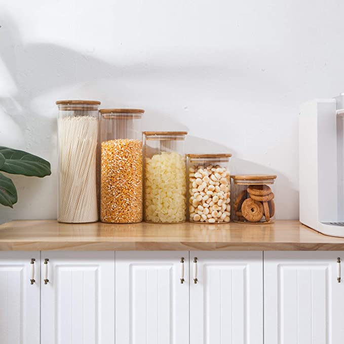 KLP Borosilicate glass storage jar with bamboo lid for tube shaped glass storage jar for glass spice jar with wooden lid