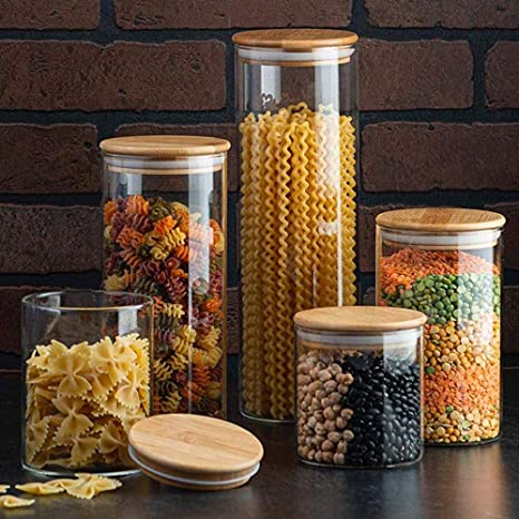 KLP Borosilicate glass storage jar with bamboo lid for tube shaped glass storage jar for glass spice jar with wooden lid