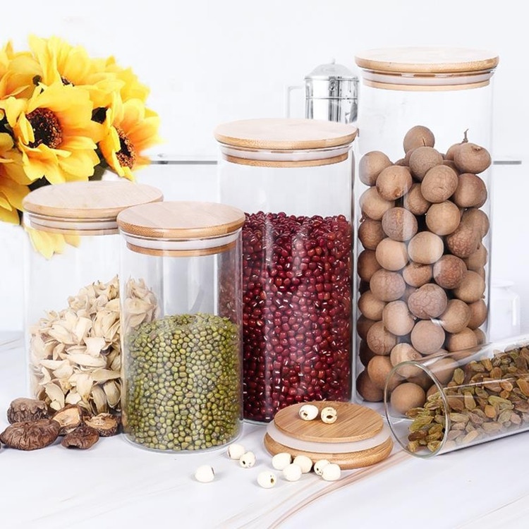 Kitche Glassware Food Storage Pantry Jar Glass Canister High Borosilicate Glass Storage Bottles & Jars Wooden Top Lids Cover