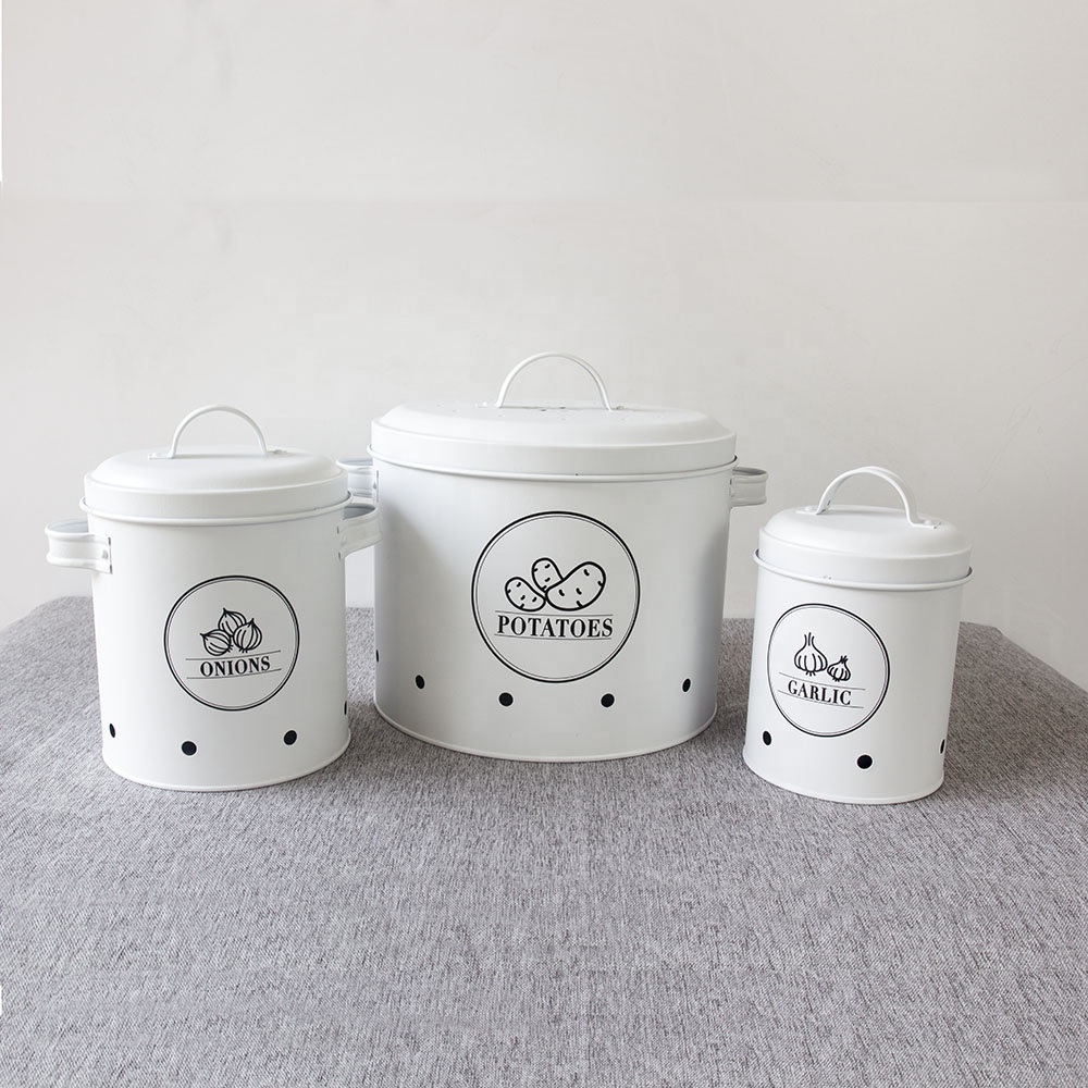 Kitchen 3 pieces metal Vegetable Potato Onion Garlic Food Bin canister storage jar with grater