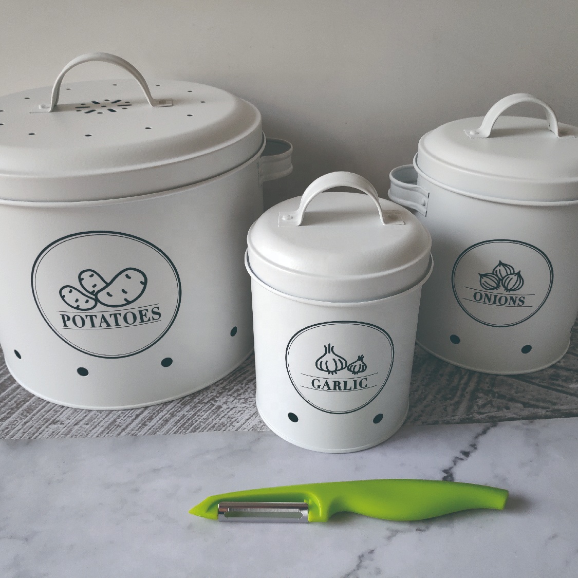 Kitchen 3 pieces metal Vegetable Potato Onion Garlic Food Bin canister storage jar with grater
