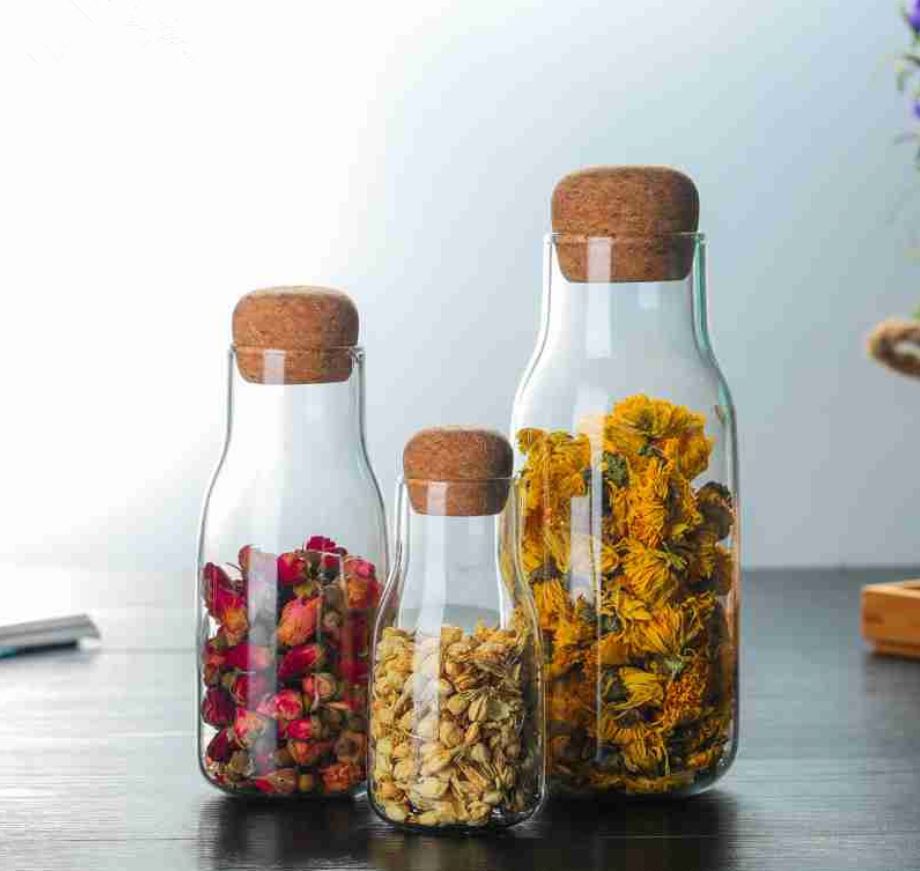 Kitchen Bottle Condiment Glass Jar Container Storage with Wooden Cork Lid