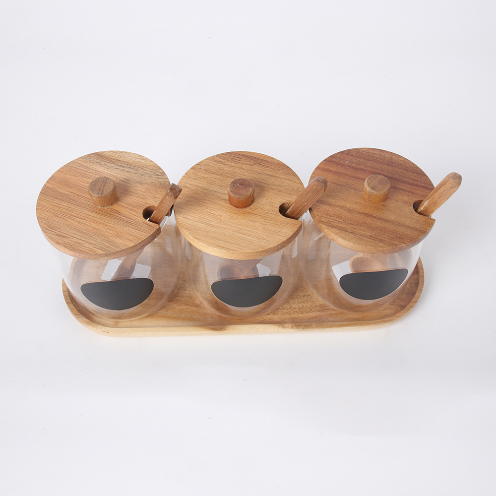 Kitchen Canister With 3pc Glass Spice Condiment Jars Sugar Can Food Storage Containers with Wood Lids and Wooden Spoon