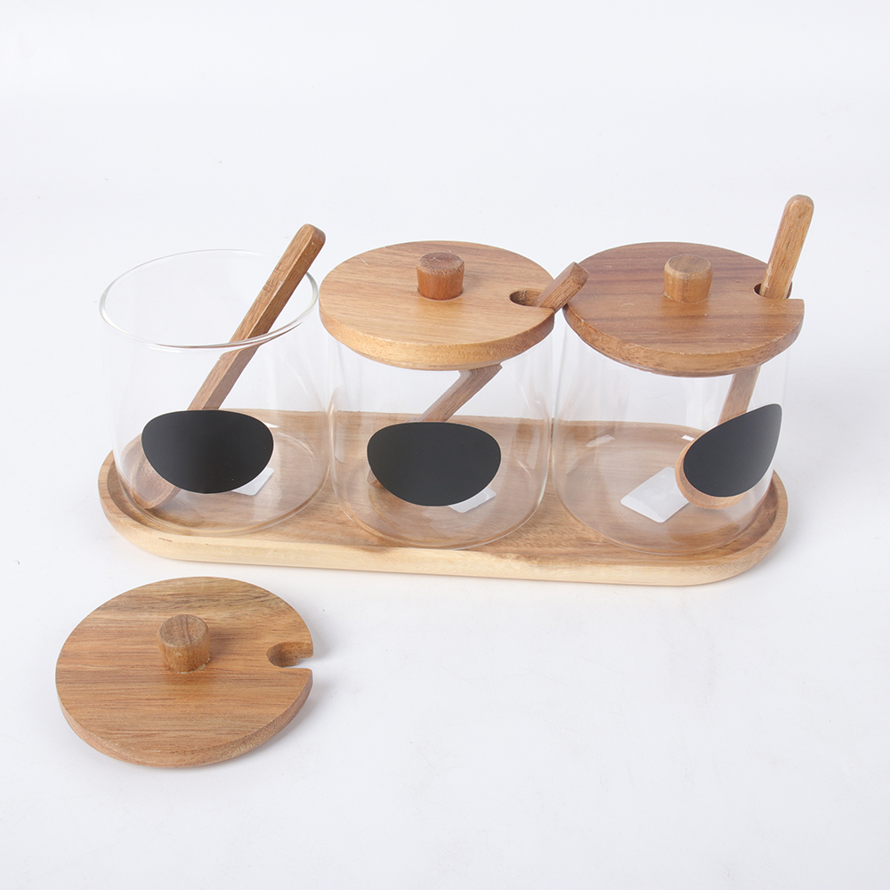 Kitchen Canister With 3pc Glass Spice Condiment Jars Sugar Can Food Storage Containers with Wood Lids and Wooden Spoon