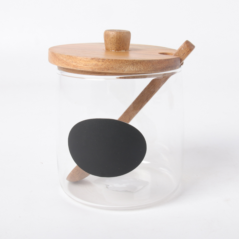 Kitchen Canister With 3pc Glass Spice Condiment Jars Sugar Can Food Storage Containers with Wood Lids and Wooden Spoon