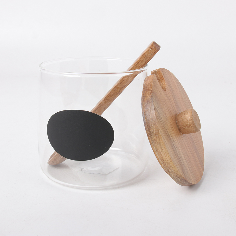 Kitchen Canister With 3pc Glass Spice Condiment Jars Sugar Can Food Storage Containers with Wood Lids and Wooden Spoon