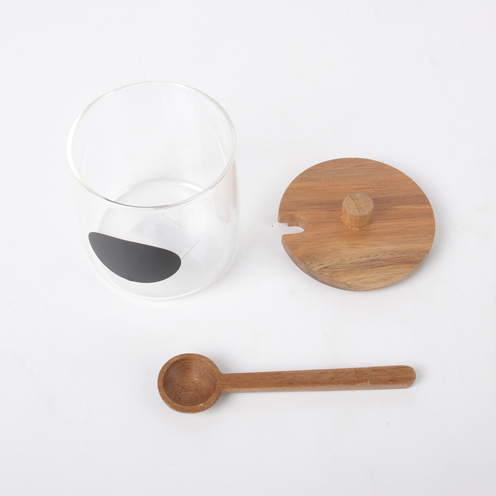 Kitchen Canister With 3pc Glass Spice Condiment Jars Sugar Can Food Storage Containers with Wood Lids and Wooden Spoon