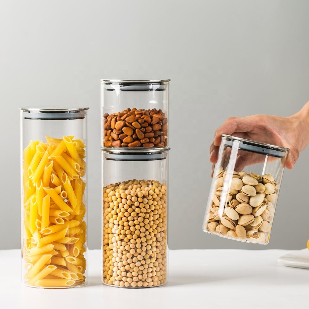 Kitchen Canisters Clear Glass Food Storage Container Wide Mouth Jar With Airtight Stainless Steel Lids