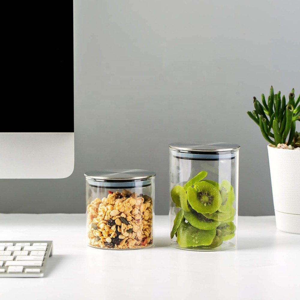 Kitchen Canisters Clear Glass Food Storage Container Wide Mouth Jar With Airtight Stainless Steel Lids