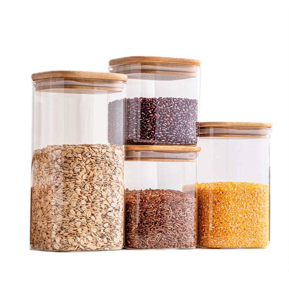 Kitchen Condiment Glass Jar Container Food Storage Bottle wide of 10cm with Airtight Bamboo Lid