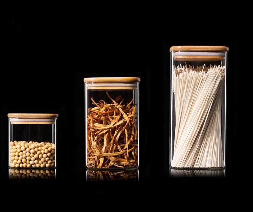Kitchen Condiment Glass Jar Container Food Storage Bottle wide of 10cm with Airtight Bamboo Lid