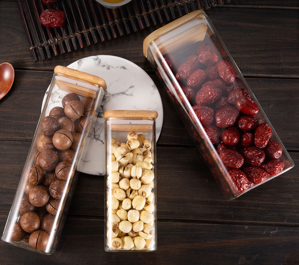 Kitchen Condiment Glass Jar Container Food Storage Bottle wide of 10cm with Airtight Bamboo Lid