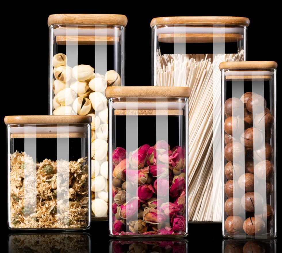 Kitchen Condiment Glass Jar Container Food Storage Bottle wide of 10cm with Airtight Bamboo Lid