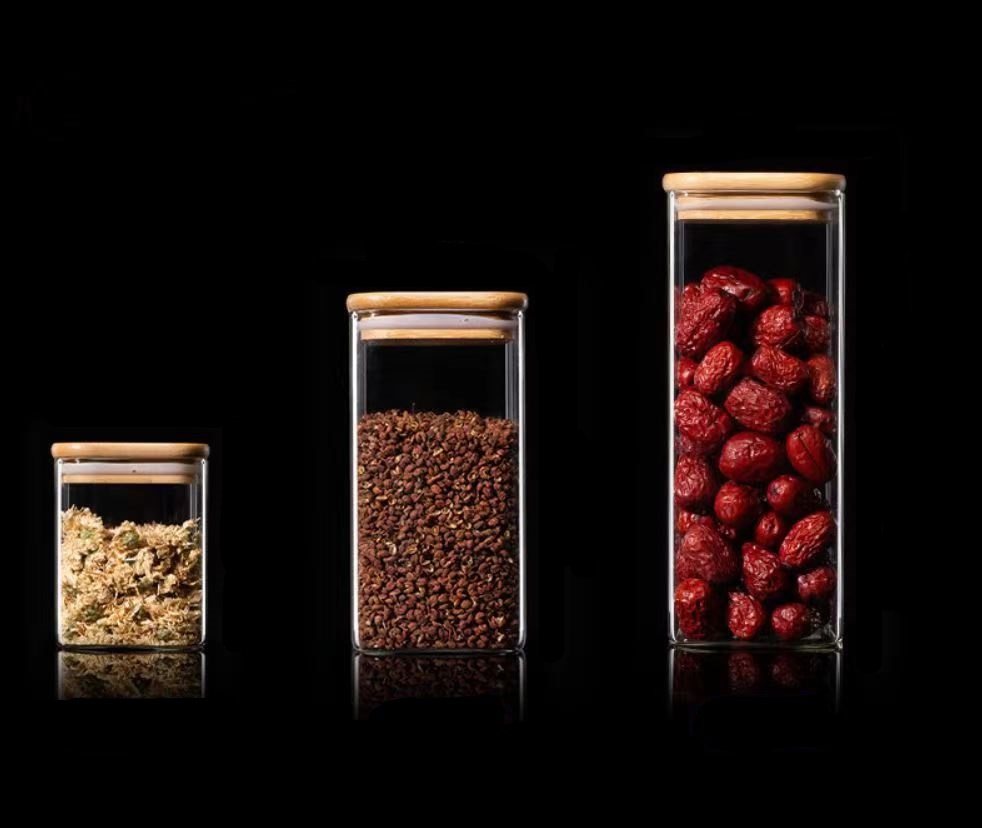 Kitchen Condiment Glass Jar Container Food Storage Bottle wide of 8cm with Airtight Bamboo Lid