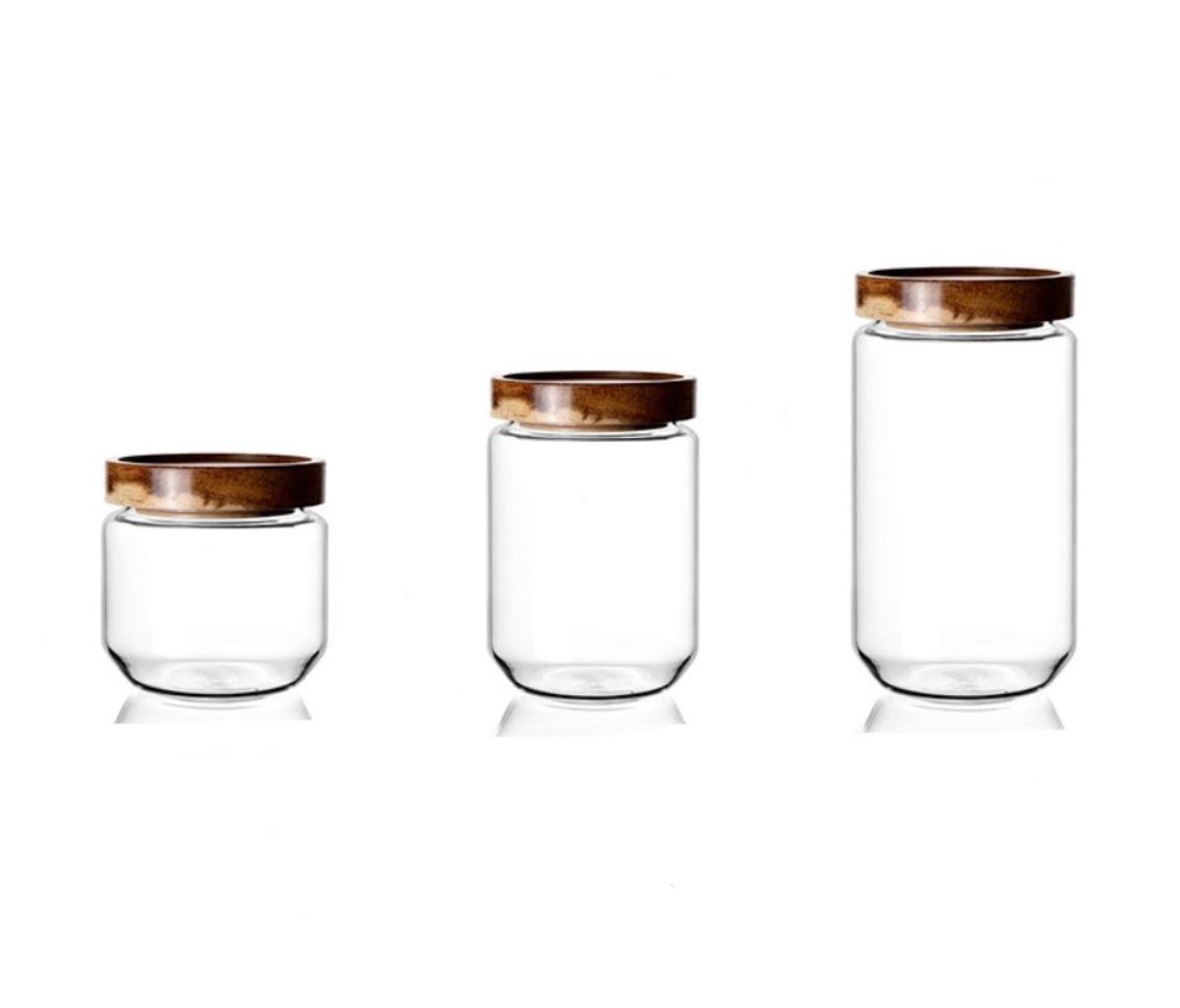 Kitchen Condiment Glass Jar Container Food Storage Bottle  with Wooden Lid