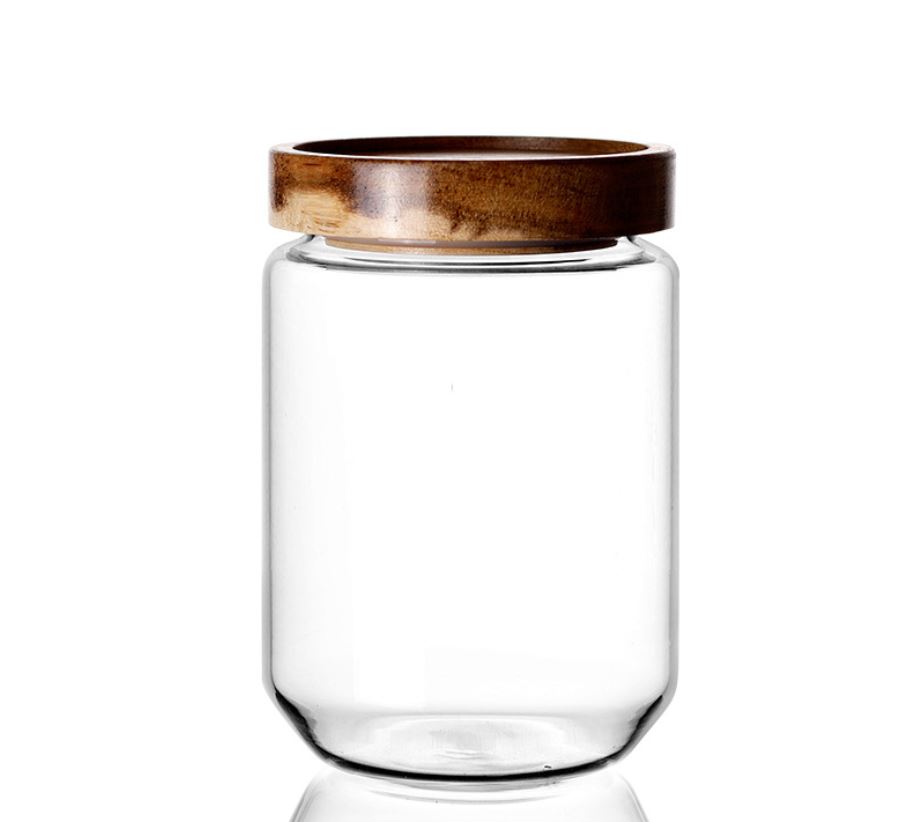 Kitchen Condiment Glass Jar Container Food Storage Bottle with Wooden Lid