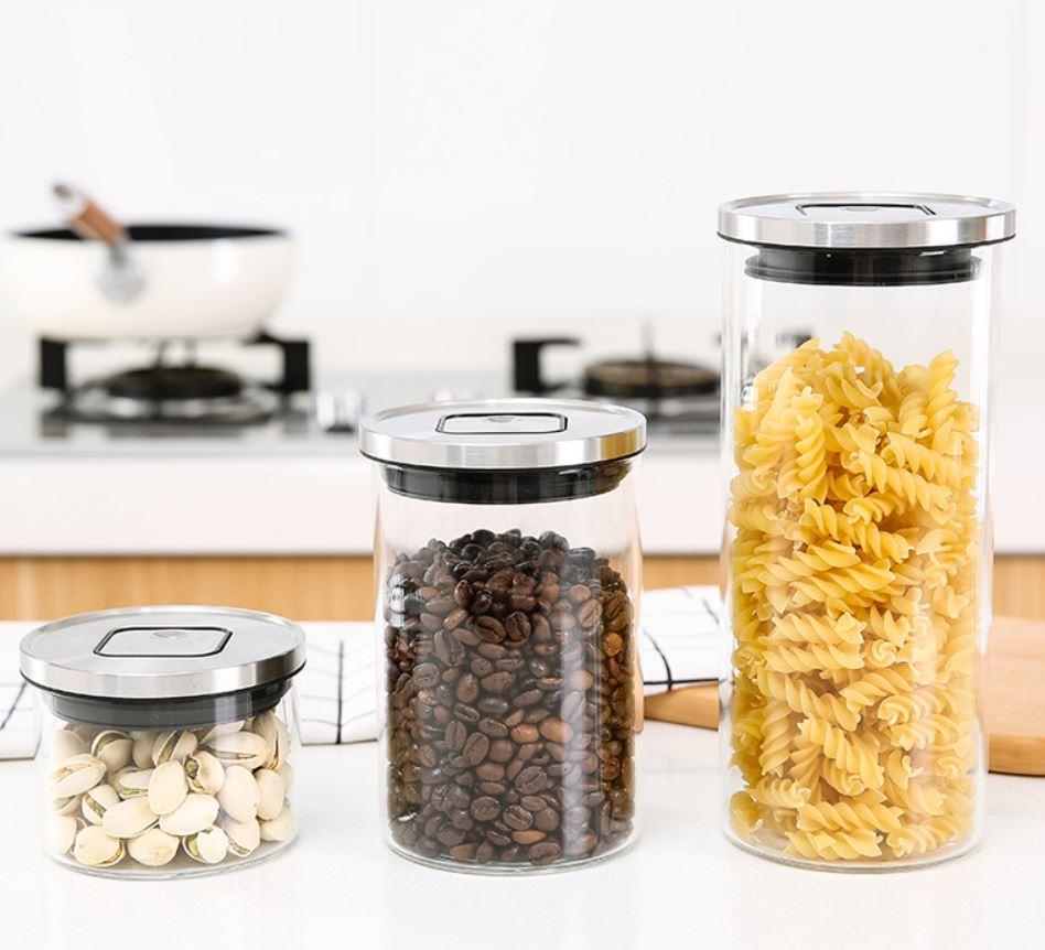 Kitchen Condiment Glass Jar Container Storage Bottle with Stainless Steel Airtight Lid Canister