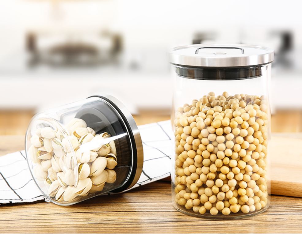 Kitchen Condiment Glass Jar Container Storage Bottle with Stainless Steel Airtight Lid Canister