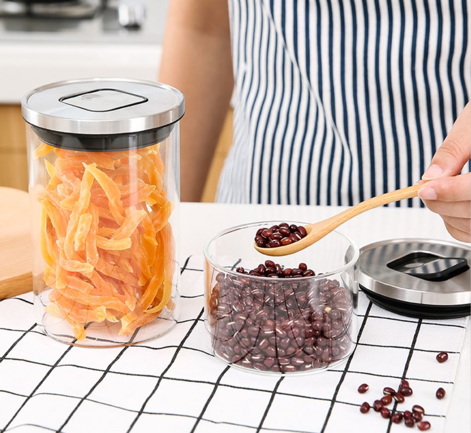 Kitchen Condiment Glass Jar Container Storage Bottle with Stainless Steel Airtight Lid Canister