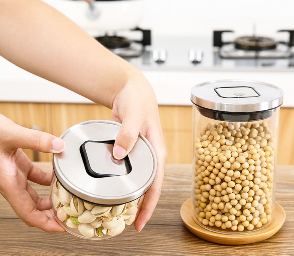 Kitchen Condiment Glass Jar Container Storage Bottle with Stainless Steel Airtight Lid Canister