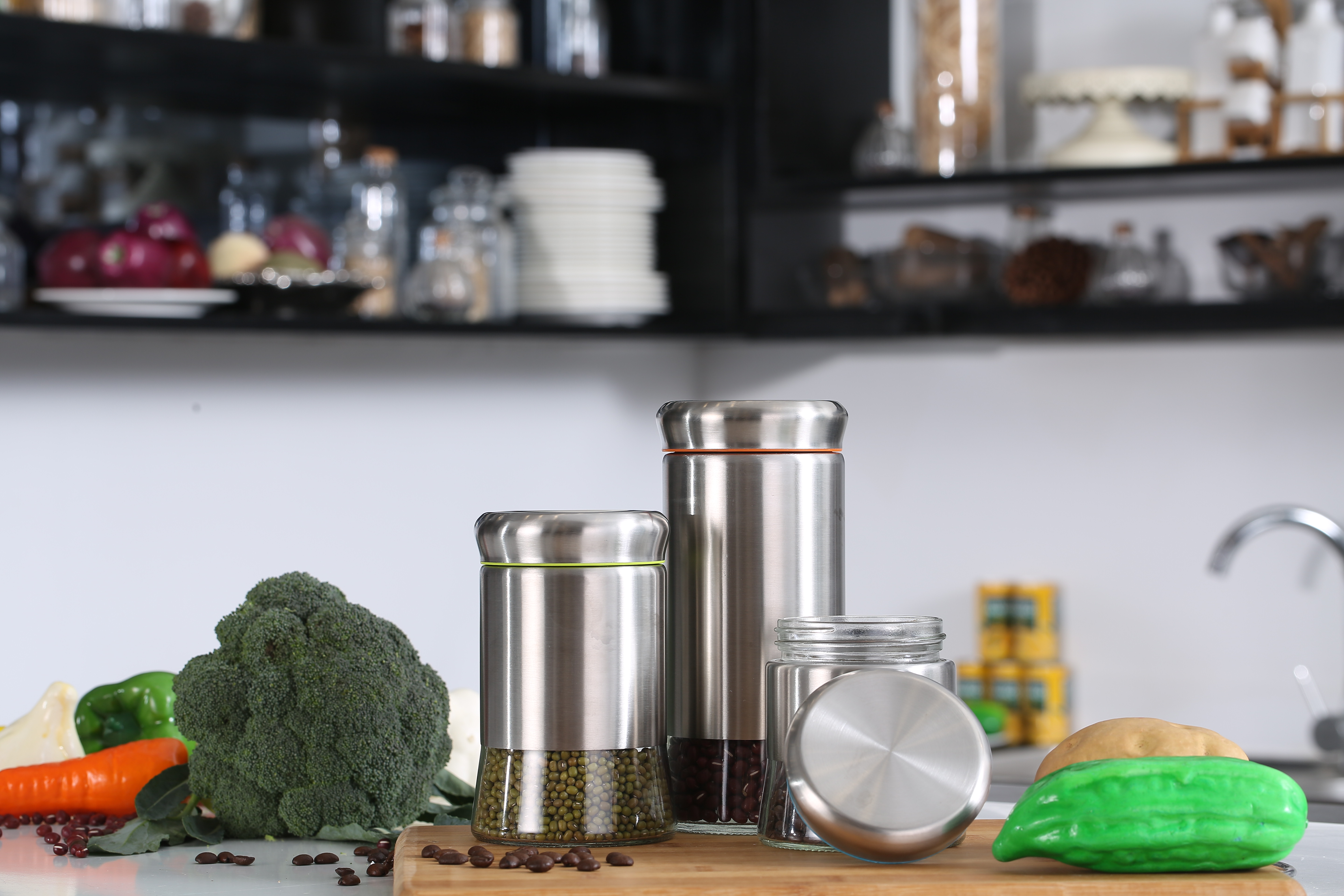 Kitchen Condiment Glass Jar Container with Stainless Steel Sleeve Storage