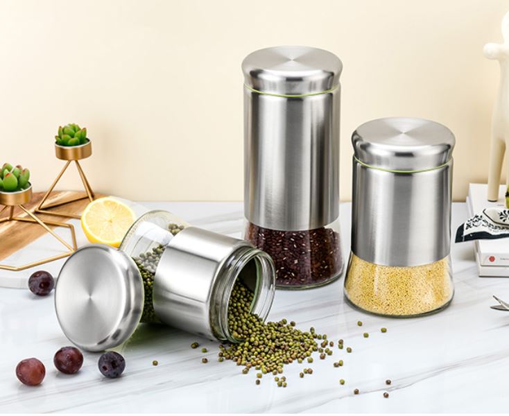 Kitchen Condiment Glass Jar Container with Stainless Steel Sleeve Storage