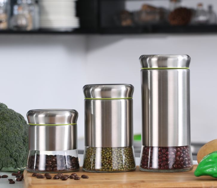Kitchen Condiment Glass Jar Container with Stainless Steel Sleeve Storage