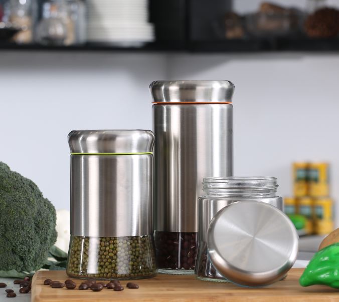 Kitchen Condiment Glass Jar Container with Stainless Steel Sleeve Storage