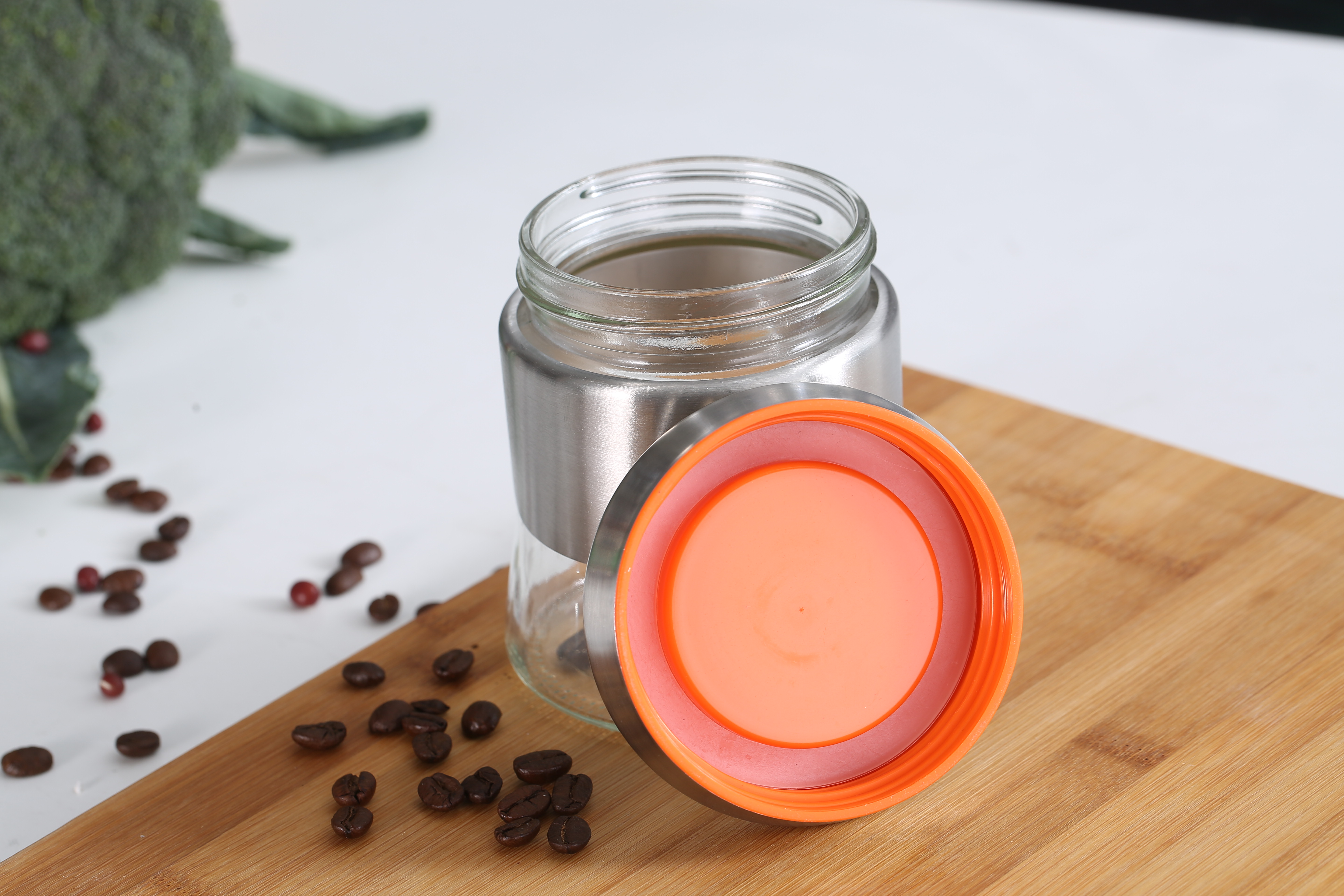 Kitchen Condiment Glass Jar Container with Stainless Steel Sleeve Storage
