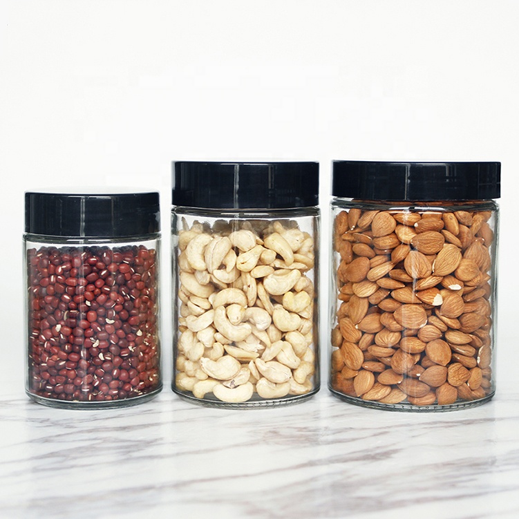 Kitchen Food Storage Cylinder Cookie Candies Canning Jar Set With Black Plastic Screw Cap