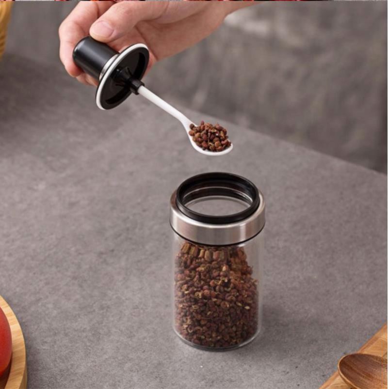 Kitchen Glass Seasoning Bottle Clear Spice Salt Storage Jar Can Container with Spoon Cooking Tool