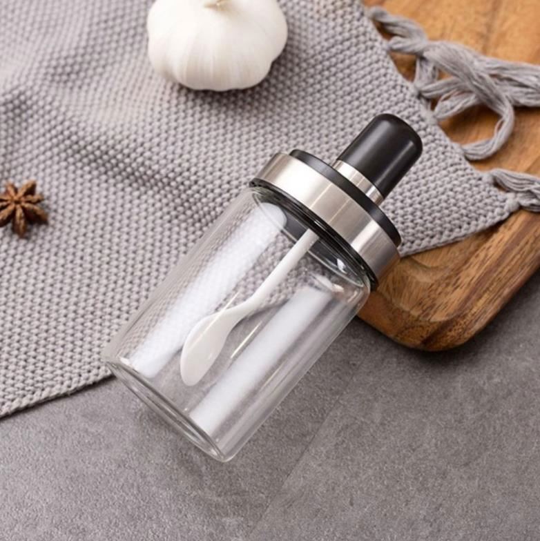 Kitchen Glass Seasoning Bottle Clear Spice Salt Storage Jar Can Container with Spoon Cooking Tool