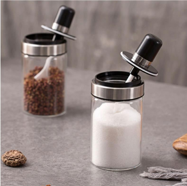 Kitchen Glass Seasoning Bottle Clear Spice Salt Storage Jar Can Container with Spoon Cooking Tool