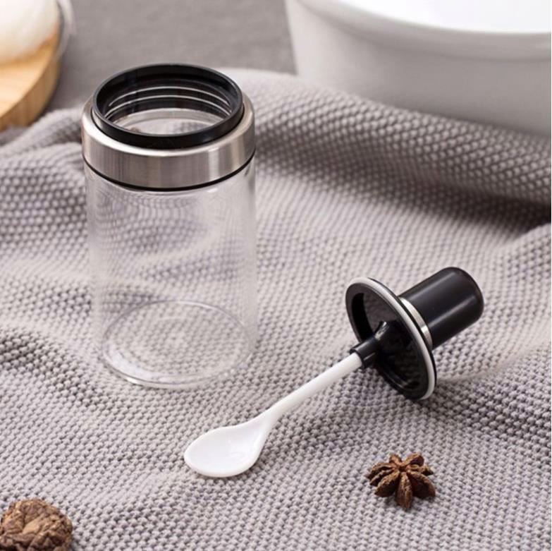 Kitchen Glass Seasoning Bottle Clear Spice Salt Storage Jar Can Container with Spoon Cooking Tool