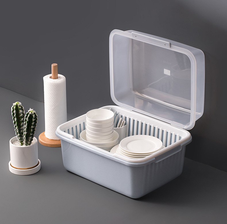 Kitchen Plastic dish rack with lid Dish rack storage box Drain rack Tableware storage box Spoon, knife and fork cabinet storage