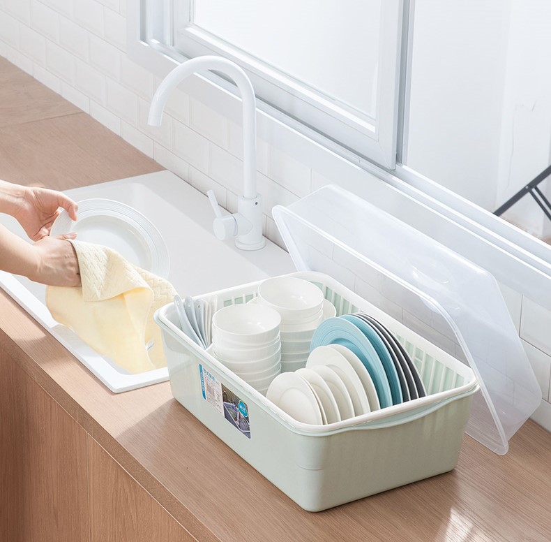 Kitchen Plastic dish rack with lid Dish rack storage box Drain rack Tableware storage box Spoon, knife and fork cabinet storage