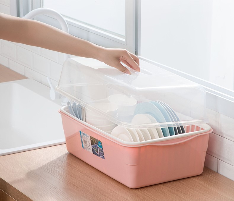 Kitchen Plastic dish rack with lid Dish rack storage box Drain rack Tableware storage box Spoon, knife and fork cabinet storage
