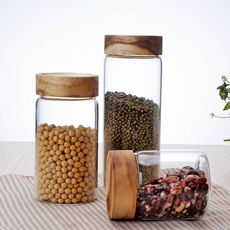 Kitchen Small Transparent borosilicate glass food Storage Seal Jars with Wooden Lid