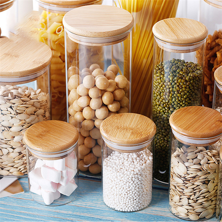 Kitchen Spices Glass Air Tight Canister Storage Jar With Natural Bamboo Lids And Chalkboard Labels