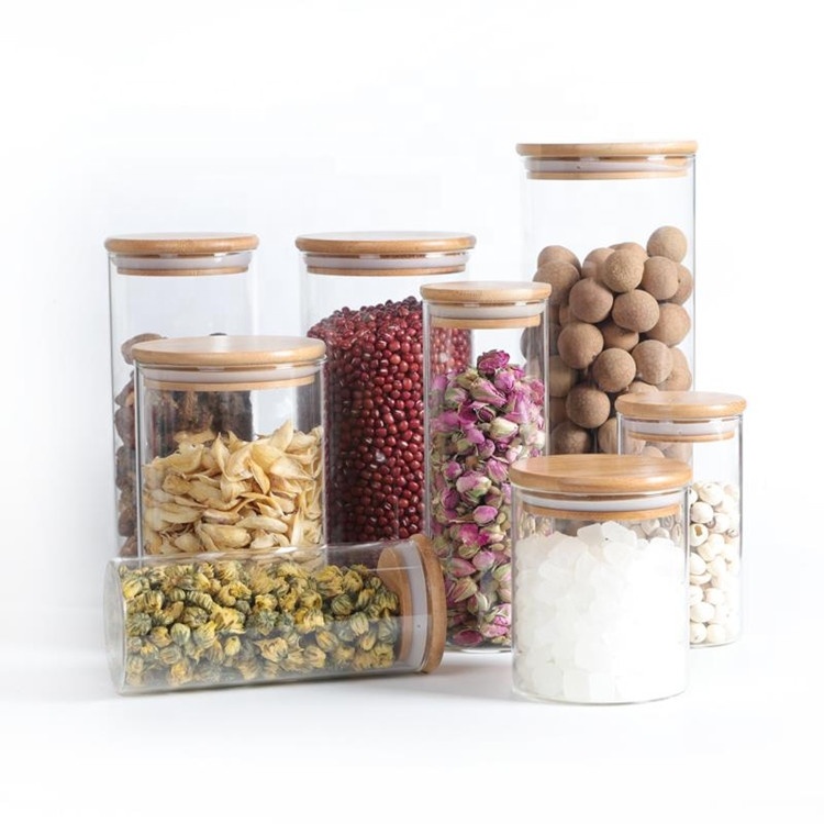 Kitchen Storage Canisters 650/1000/1700ml High Borosilicate Glass Canister With Bamboo Lids