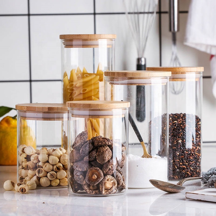 Kitchen Storage Canisters 650/1000/1700ml High Borosilicate Glass Canister With Bamboo Lids