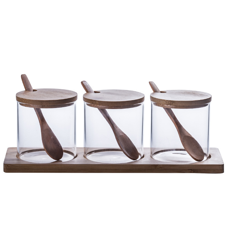 Kitchen Storage Container Glass Salt Seasoning Spice Jar Set With Bamboo Lid