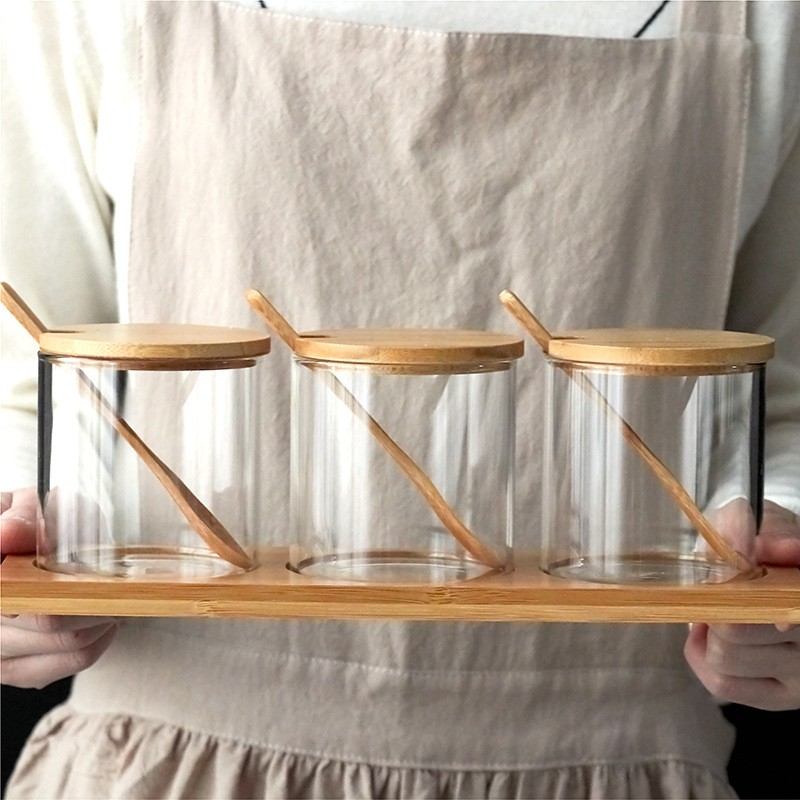 Kitchen Storage Container Glass Salt Seasoning Spice Jar Set With Bamboo Lid