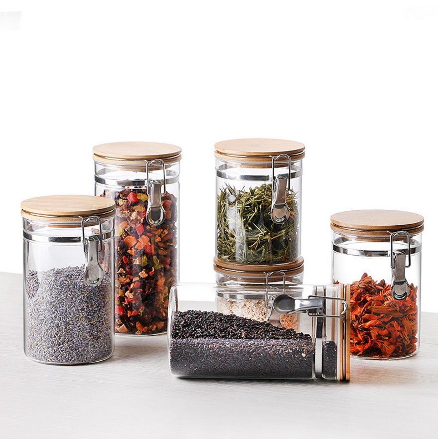 Kitchen Storage Glass Bottle with Lock Glass Jar Clear Kitchen Food Storage Airtight Seal Lock Lid Jar