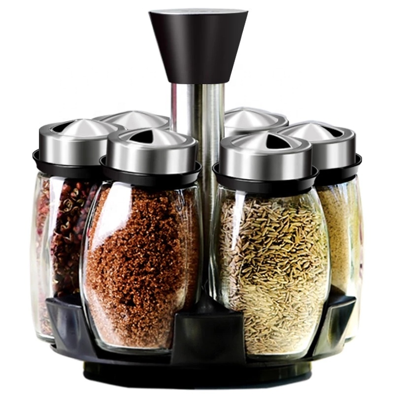 Kitchen Storage Rack Rotating Glass Cruet Condiment Spice Jars Set Pepper&Salt Shakers