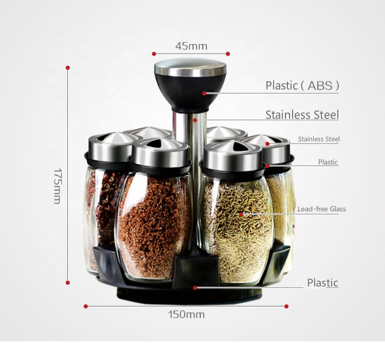 Kitchen Storage Rack Rotating Glass Cruet Condiment Spice Jars Set Pepper&Salt Shakers