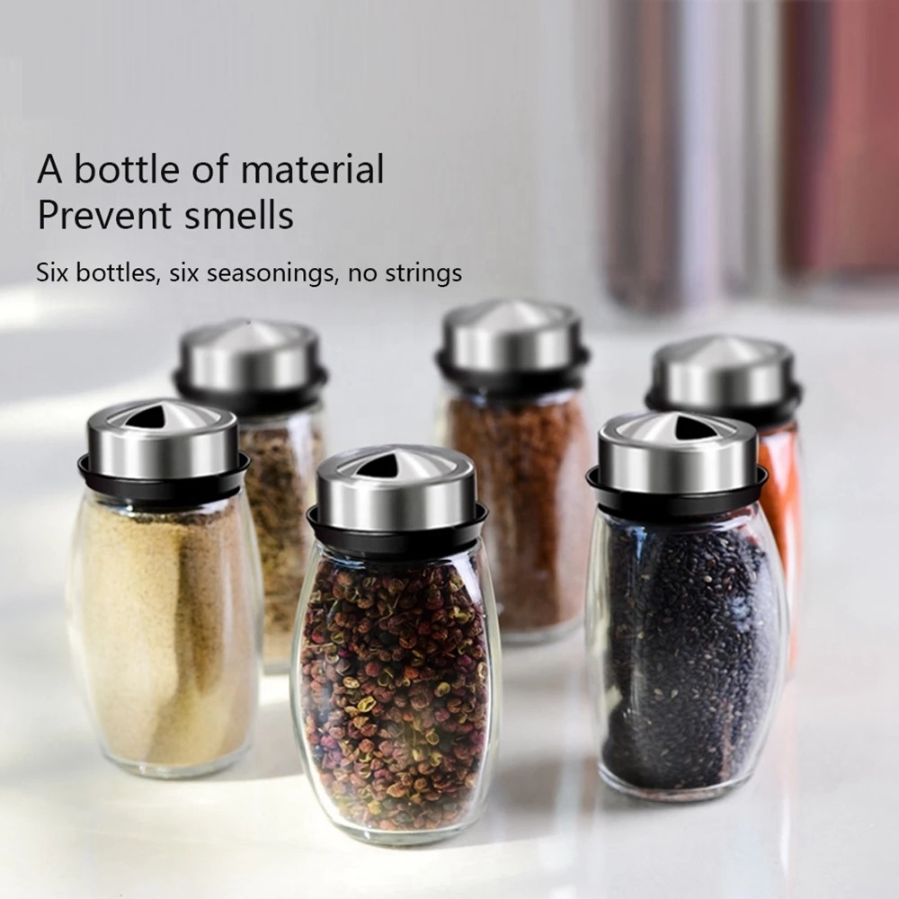 Kitchen Storage Rack Rotating Glass Cruet Condiment Spice Jars Set Pepper&Salt Shakers