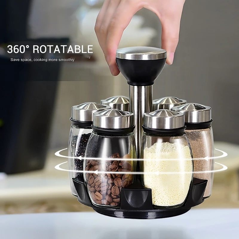 Kitchen Storage Rack Rotating Glass Cruet Condiment Spice Jars Set Pepper&Salt Shakers
