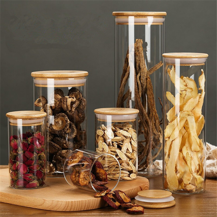 Kitchen Storage Set Tea Sugar Salt Cylinderical Storage Glass Jar With Silver Cover
